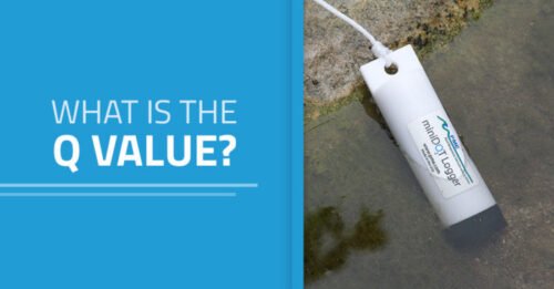 Graphic image of the miniDOT logger in shallow water next to a blue background. The text on the background reads, "What is the Q Value?"