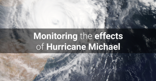 A graphic of hurricane Michael, with opaque overlay of text stating “Monitoring the effects of Hurricane Michael.”