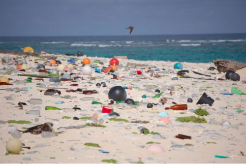 A beach affected by marine microplastic pollution.