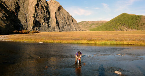 Image captured of team member installing PME miniDOTs in the Steppe Rivers of the American West and Mongoli.