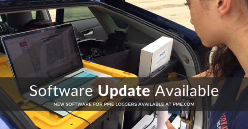 PME team member updating a PME product with the new software update. The computer is positioned on a large container with a yellow lid in the truck of a car. Text overlay reads, "Software Update Available, New Software for PME Loggers Available at pme.com."